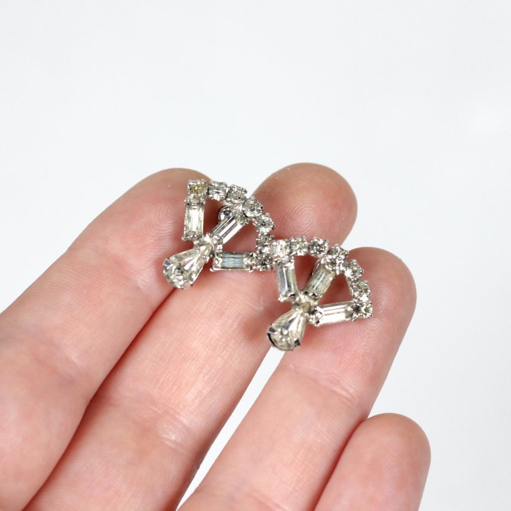 Vintage Sterling Silver Baguette Teardrop Rhinestone Screw Back Earrings